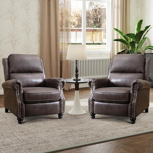 Push Back Recliner Chair Faux Leather Lounge Armchair with Rivet Decoration Wingback Single Sofa Chair with Padded Seat Solid Wood Legs for Living Room, Comfy Upholstered Set of 2, Dark Grey