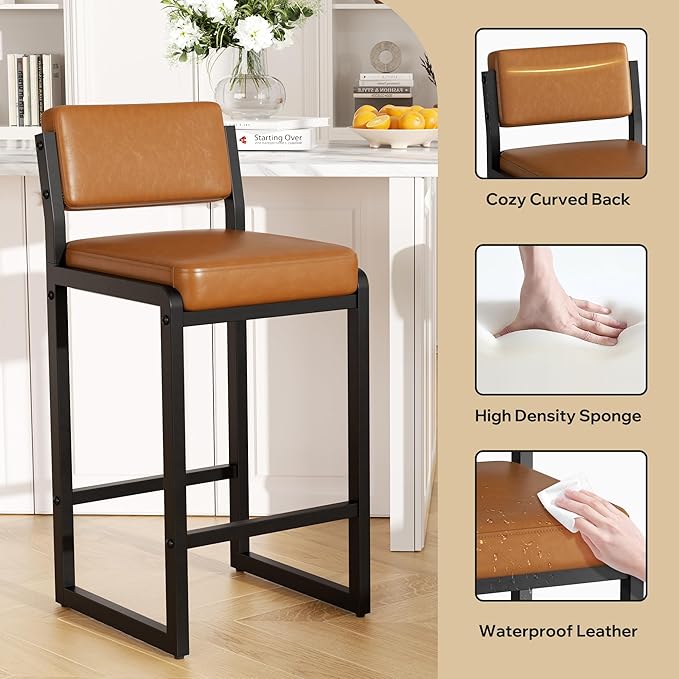 Counter Stools Set of 4, Faux Leather Bar Height Stools with High Back and Metal Legs, Upholstered Bar Chairs, 26" Modern Barstools for Kitchen Island, Caramel