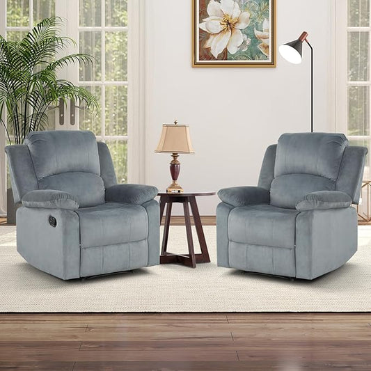 CANMOV Manual Recliner Chair Set of 2, Soft Fabric Overstuffed Recliner Single Sofa Chair for Living Room, Heavy Duty and Safety Reclining Mechanism (Blue Grey)