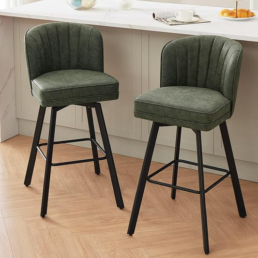 Swivel Counter Height Bar Stools Set of 2, 30'' Modern Barstools with Backs and Metal Legs, Upholstered Bar Chairs, Faux Leather Green Stools for Kitchen Island Chairs