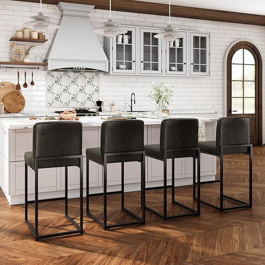 ALPHA HOME 24 Inch Bar Stools Set of 4, Kitchen Counter Stools with Backs, PU Leather Barstools, Kitchen Stools with Back&Upholstered Footrest, Sturdy Chromed Metal Steel Frame, Grey