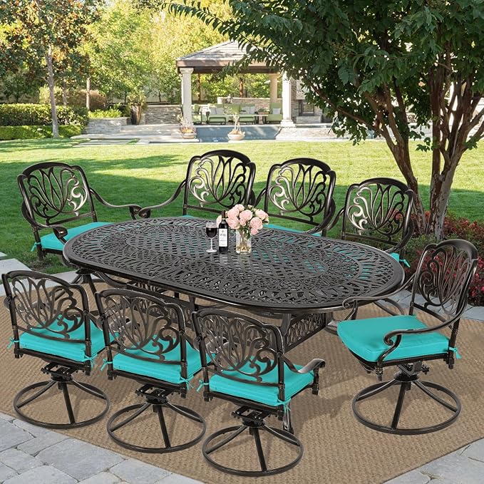 MEETWARM 9-Piece Outdoor Patio Dining Set, All-Weather Cast Aluminum Patio Conversation Set for Backyard Garden Deck with 8 Cushioned Swivel Rocker Chairs, 1 Oval Table, 2" Umbrella Hole, Ocean Blue