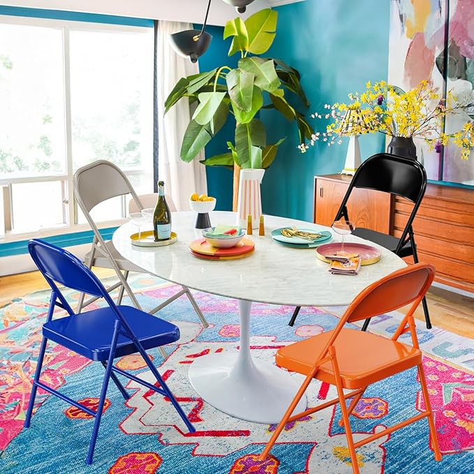 VINGLI Folding Chairs All Steel Metal Frame, Capacity 350 lbs, Durable Portable and Versatile for Indoor Outdoor Use, Orange, Set of 8