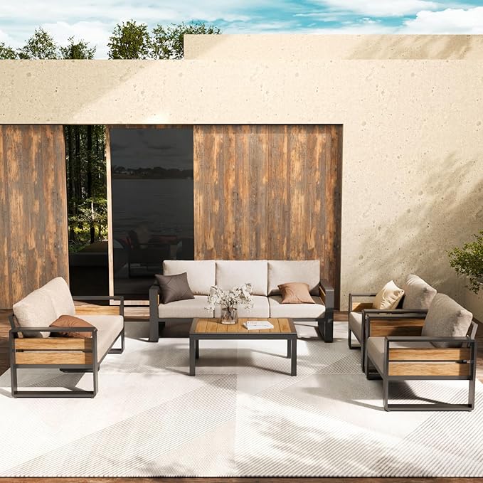ZANDOR Outdoor Patio Conversation Sets, 4-Piece Aluminum Metal Outside Sectional Lawn Furniture with Coffee Table & Washable Thick Cushions,Seating Sofa for Garden/Backyard/Porch, Grey