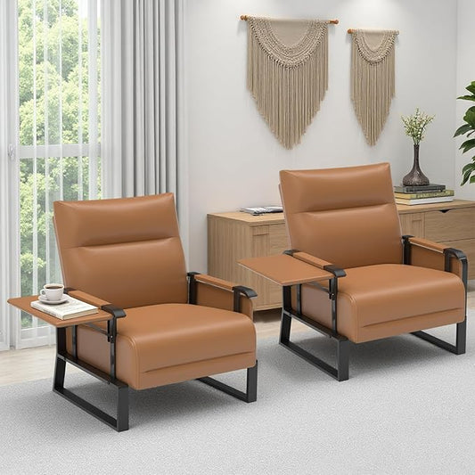 Upholstered Accent Chairs Set of 2, Modern Faux Leather Sofa Chairs with Foldable Side Tray Table & Storage Pocket, Small Accent Sofas for Living Room, Bedroom, Brown