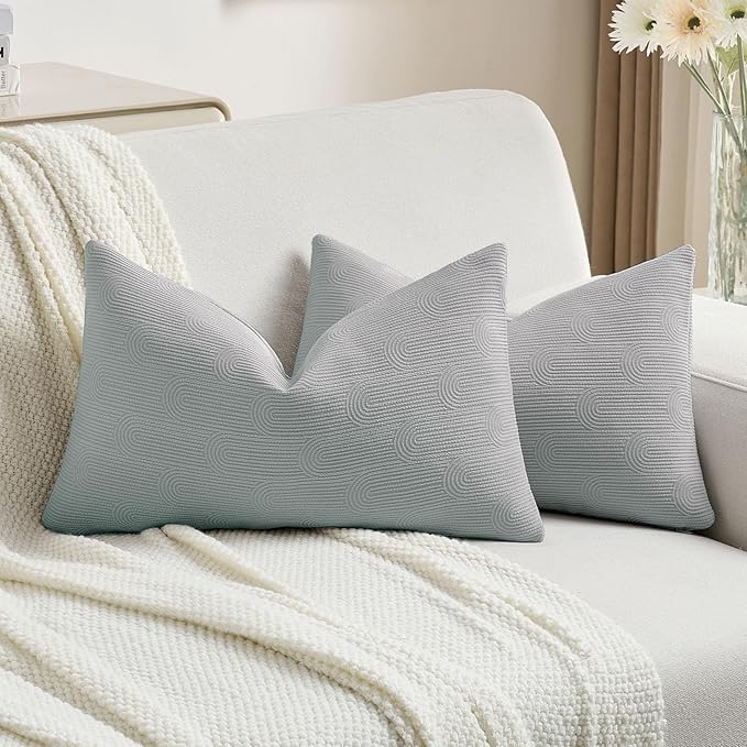 FUTEI Dusty Blue Chenille Decorative Throw Pillow Covers 12x20 Inch Set of 2,Soft Cozy Striped Geometric Patterns Lumbar Pillow Cases,Modern Home Decor for Couch Bed Living Room