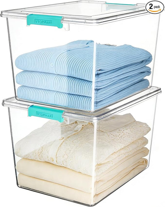 Vtopmart 2 Pack 72 QT Crystal Clear Storage Bins with Lids, 4 Pack Stackable Plastic Large Latching Boxes Totes Tubs Container for Closet Organizers and Storage, Bedroom, Clothes, Bedding