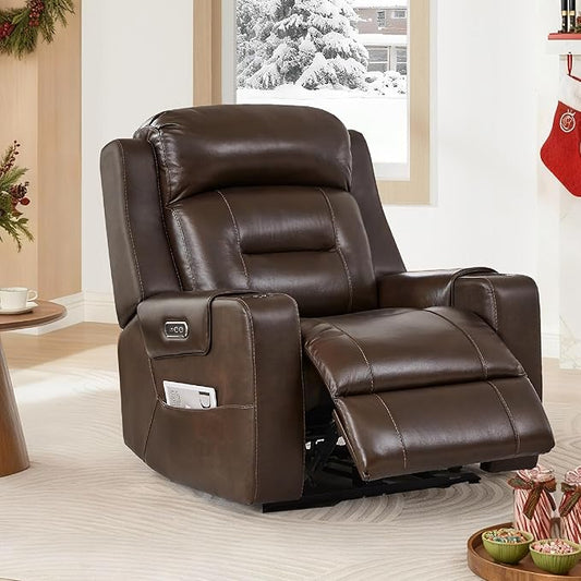 Watson & Whitely Genuine Leather Power Recliner Chairs for Adults, Lay Flat Recliner with Power Headrest, USB Ports and Cup Holders, Electric Reclining Sofa for Living Room, Bedroom, Dark Brown