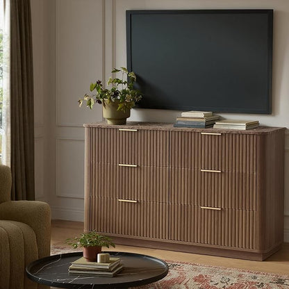 win2win 6 Drawer Dresser, Mid Century Modern Dresser with Storage, 47" Wide Fluted Chest of Drawers with Faux Marble Top, Dressers TV Stand, Drawers Organizer for Bedroom, Living Room, Hallway Walnut