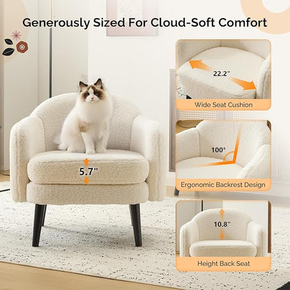 VINGLI 30.3" Wide Modern Barrel Accent Armchair with Track Armrest, Solid Wooden Legs, Comfy Upholstered Club Chair, Round Single Home Sofa for Living Room, Bedroom, Reading Room, Teddy Fleece White