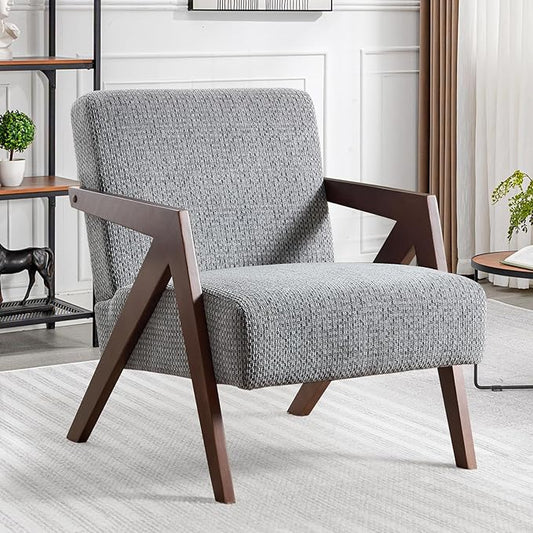 Bonzy Home Mid-Century Modern Accent Chair with Solid Wood Frame, Upholstered Armchair for Bedroom & Living Room,Reading Side Chair with Soft Lien Fabric Cushion,Easy Assembly,Light Grey