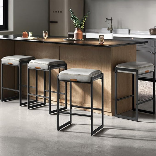 VASAGLE EKHO Collection - Bar Stools Set of 4, Counter Height Bar Stools, Synthetic Leather with Stitching, Mid-Century Modern Counter Stools, 26-Inch Tall, Kichen Home Bar Dining Room, Dove Gray