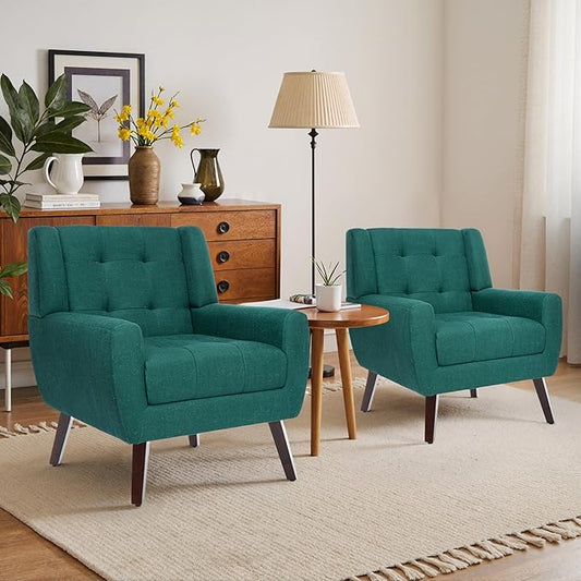 Accent Chairs Set of 2, Mid-Century Modern Upholstered Armchair, Comfy Fabric Living Room Chairs Reading Chairs with Button Tufted Back & Solid Wood Legs for Bedroom, Office, Light Blue