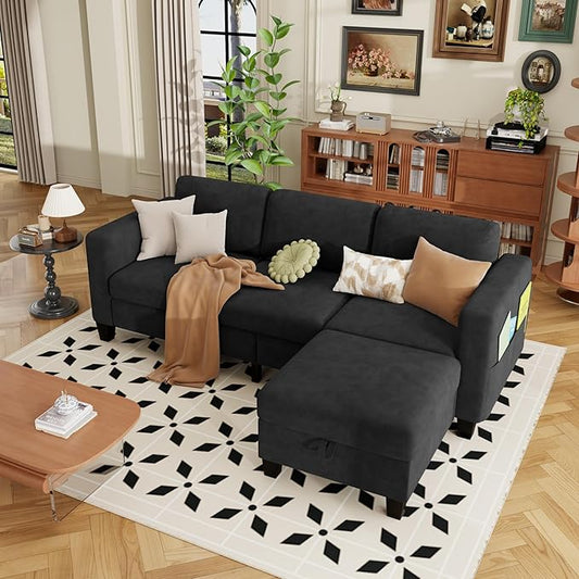 ZeeFu Sectional and Sofa Couches for Living Room - 78'' 3 Seater L-Shaped Modular Couch with Storage Ottoman - Modern Velevt Fabric Upholstered Sofa Set for Small Space Apartment Office
