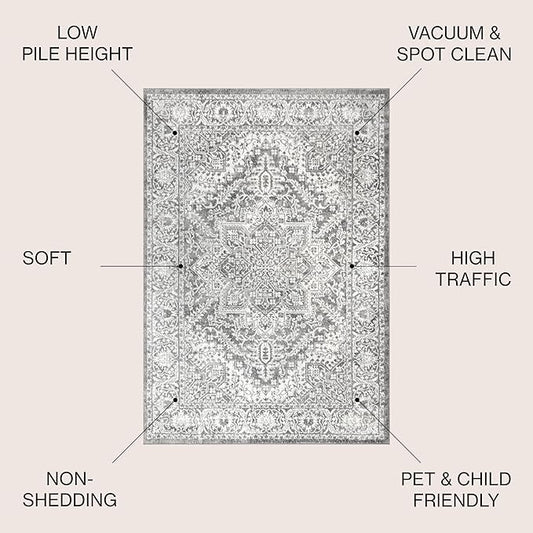 JONATHAN Y Modern Vintage Medallion Light Gray 3x3 Square Indoor Area Rug, Country, Floral, Easy-Cleaning for Living Room, Bedroom, Kitchen, Pet Friendly, Non-Shedding (MDP100A-3SQ)
