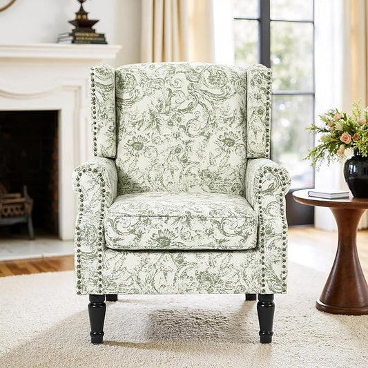 Accent Chair, Upholstered High Back Floral Armchair with Nailhead Trim & Wood Legs, Comfy Wingback Reading Single Sofa Chair for Small Spaces, Living Room, Bedroom