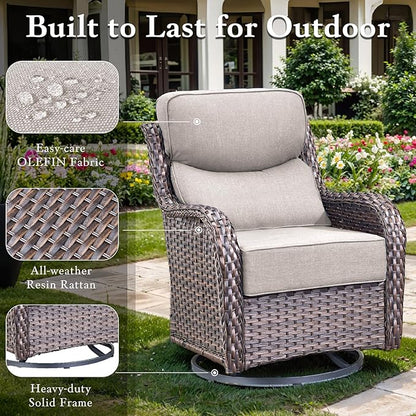 Luxury High Back Outdoor Furniture with 6-inch Extra Thick Cushions, Patio Furniture Set with Swivel Chairs, 5 PCS Wicker Conversation Set for Yard, Deck, Poolside, Brown/Beige