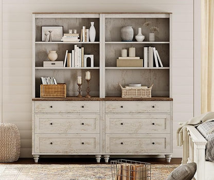 WAMPAT 3 Tier Bookshelf with 3 Drawers, 72" Tall Bookcase Large Farmhouse Display Book Case Shelf with 3-Tier Open Book Shelfs，Library Wood Bookshelves for Living Room,Kitchen, Rustic White (2PCS)