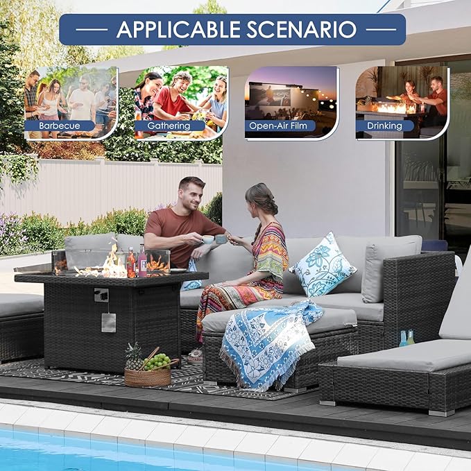 NICESOUL 7 Piece Modern Outdoor Couch with Fire Pit Natural Gas/Propane, 29.3 High Back XL Large Size Wicker Patio Conversation, Elegant Deep Seating Comfy Sectional Furniture Set for Deck Porch, Gay