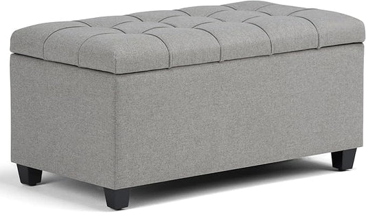 SIMPLIHOME Sienna Storage Ottoman Bench - 33 inch Wide Upholstered Linen Look Fabric Rectangle Storage Ottoman Bench in Fawn Brown, Transitional Tufted Ottoman for Living Room with Lift Top