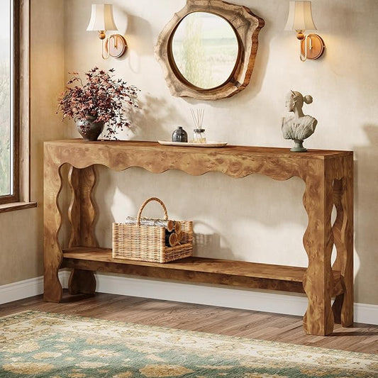 Tribesigns 63 Inch Entryway Table, Modern Rustic Entry Table with Scalloped Edge & Storage Shelf, Accent Narrow Long Sofa Table Behind Couch Console Tables for Entryway, Living Room, Light Brown