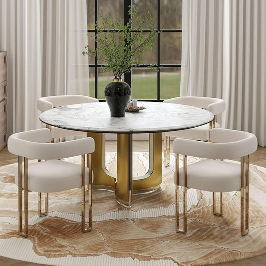 Set of 4 Beige and Gold Modern Dining Chairs, Velvet Upholstered Barrel Armchairs with Metal Legs for Kitchen Island, Mid Century Accent Chairs for Dining Room Living Room, Open-Back