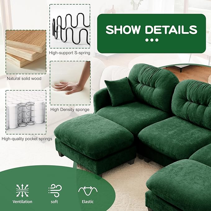107" Sofas for Living Room, Comfy Chenille Fabric Cloud Sectional Couch, Modern Upholstered Deep Seat Sofa with Armrest Pillow, 3 Seater Couch for Small Spaces Apartment, Green