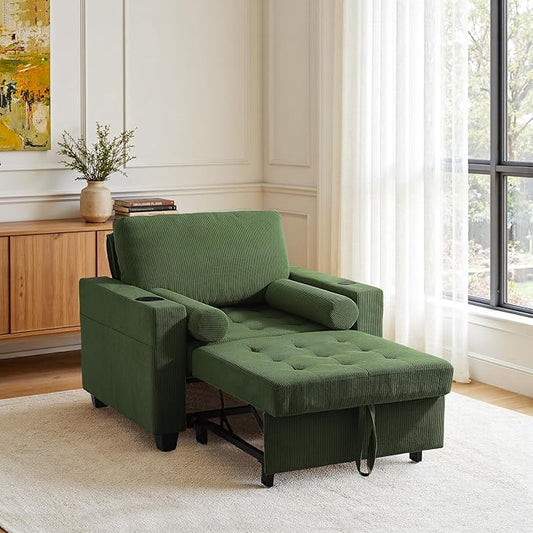 Convertible Sleeper Chair Bed, Comfy Corduroy Single Futon Sofa Chair with Pull Out Bed, 3-Levels Adjustable Backrest Accent Chair with Side Pockets, Cup Holder & USB Ports for Living Room, Bedroom