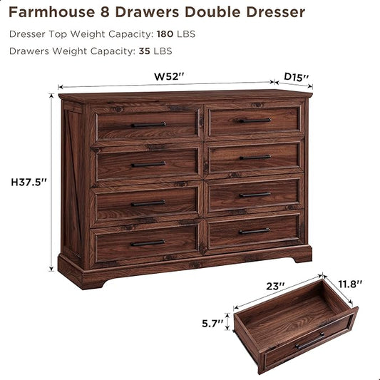 ACCOHOHO Farmhouse 8 Drawers Dresser Chests for Bedroom,52" Wide Wood Rustic Chest of Drawers with Metal Handle,Natural Texture,Drawer Organizer for Bedroom,Living Room,Hallway and Entryway,Brown