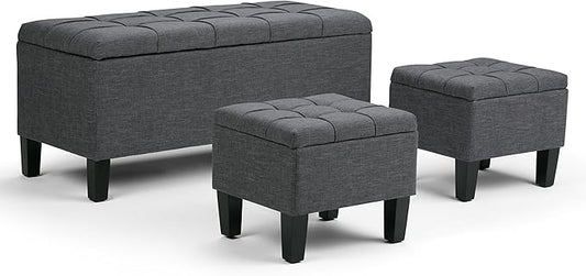 SIMPLIHOME Dover 44 inch Wide Contemporary Rectangle 3 Pc Storage Ottoman in Slate Grey Linen Look Fabric, Assembled, For the Living Room, Entryway and Family Room