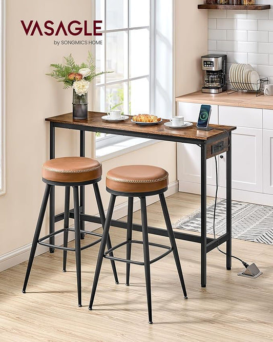 VASAGLE Bar Table, Narrow Long Kitchen Dining Table with Charging Station, Sturdy Metal Frame, Industrial, 15.7 x 47.2 x 35.4 Inches, Rustic Brown and Ink Black ULBT121K01