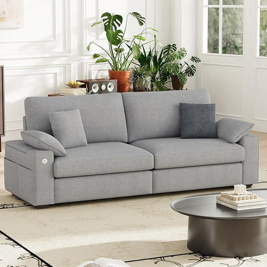 89" Loveseat Sofa, Cloud Foam Couch, 3 Seater Upholstered Midcentury Mondern Love Seat with USB Type C Ports, 4 Pillows and Flip-Open Storage Armrest for Living Room/Small Spaces, Gray