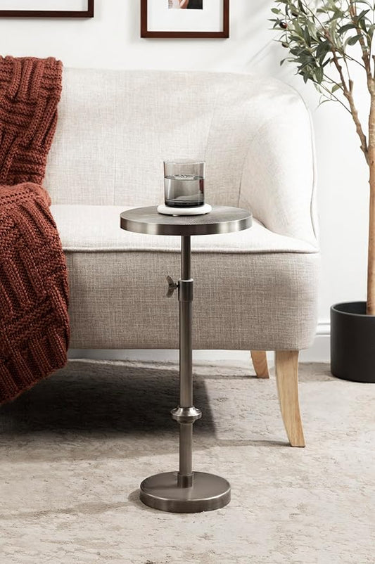 Kate and Laurel Engles Traditional Adjustable-Height Pedestal Drink Table; 10 x 10 x 30; Antique Silver; Vintage Round Indoor Metal Plant Stand with Embossed Sunburst Pattern