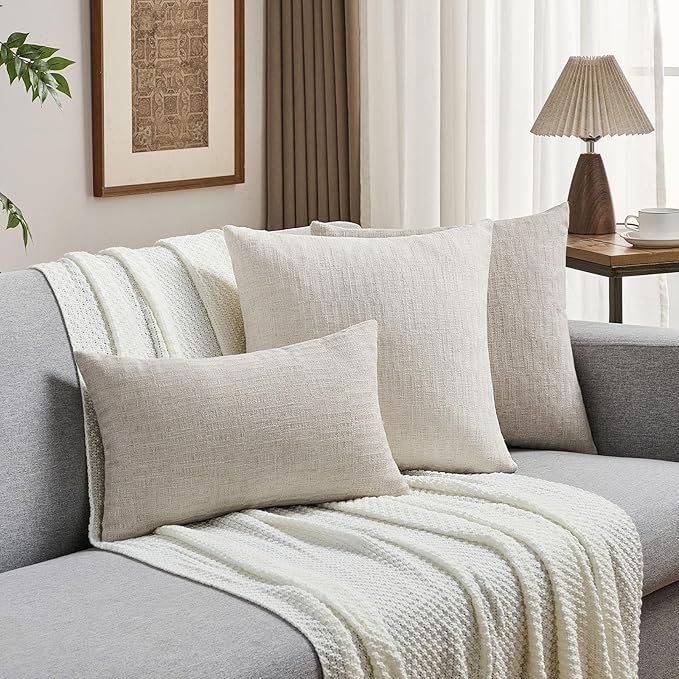 FUTEI Natural Decorative Throw Pillow Covers 24x24 Inch Set of 2,Soft Linen Slub Texture European Cushion Case,Farmhouse Home Decor for Couch Bed Living Room