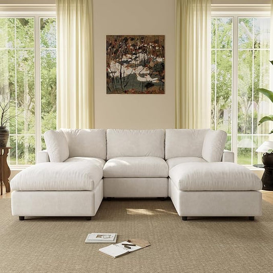 WJShome 100 Inch U Shaped Modern Sofa Modular Sectional Cloud Couch with 2 Ottoman, 4-Seat Chenille Deep Seat Couches for Living Room, Bedroom and Apartment，Beige