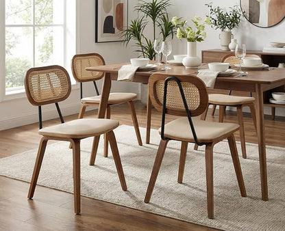 Mid-Century Dining Chairs Set of 4, PU Leather Kitchen Chairs with Rattan Backrest Wooden Legs Armless Design for Dining Room Living Room, Beige