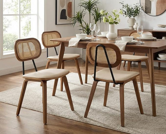 Mid-Century Dining Chairs Set of 4, PU Leather Kitchen Chairs with Rattan Backrest Wooden Legs Armless Design for Dining Room Living Room, Beige