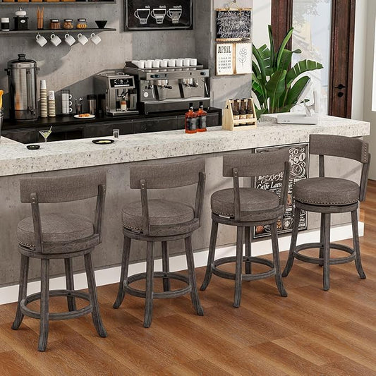 COSTWAY Bar Stools Set of 4, Upholstered Farmhouse Bar stools with Cushioned Seat & Backrest, Solid Wood Legs, Footrest, 26” Counter Height Swivel Stools for Kitchen Island, Pub (4, 26'' Seat Height)