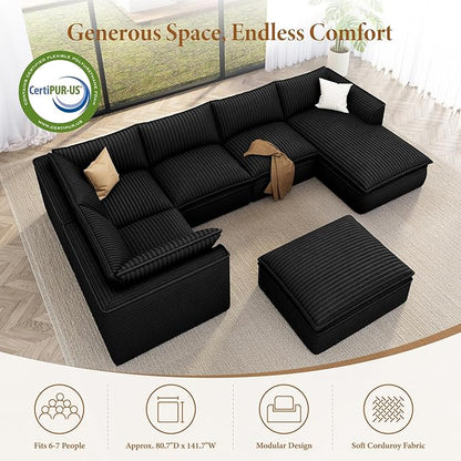 Vesgantti 141.7" Oversized Sectional Boneless Couch, 7 Seater Modular Sofa with Chaise & Ottoman & Armrest, Deep Seat Plush Corduroy Cloud Couches for Living Room, No Assembly Required, Black