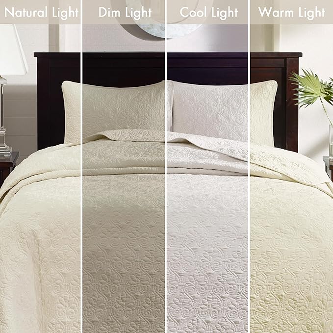 Madison Park Quebec Full Size Quilt Bedding Set - Ivory , Damask – 3 Piece Bedding Quilt Coverlets – Ultra Soft Microfiber Bed Quilts Quilted Coverlet