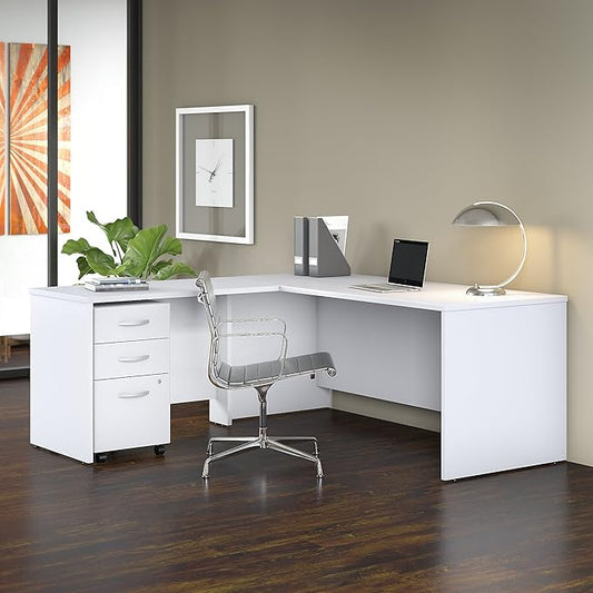 Studio C 72W x 30D L Shaped Desk with Mobile File Cabinet and 42W Return in White