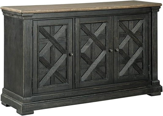 Signature Design by Ashley Tyler Creek Vintage Casual Dining Room Buffet Cabinet or Server with 3 Doors and Lattice Design, Wood, 36" High, Black & Gray