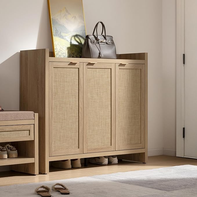 SICOTAS Shoe Storage Cabinet Set of 2, Large Tall Shoe Cabinet, Rattan Shoe Cabinet Storage for Entryway, Farmhouse Cabinet with Doors and Adjustable Shelves for Entryway Hallway, Light Oak