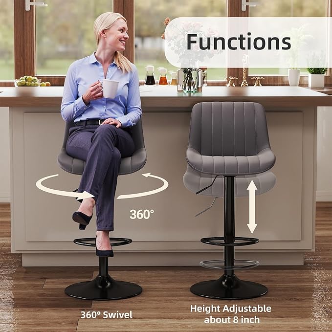 Youhauchair Bar Stools Set of 3, Swivel Counter Height Barstools with Back, Adjustable PU Leather Bar Chairs, Modern Armless Kitchen Island Stool, Dark Grey