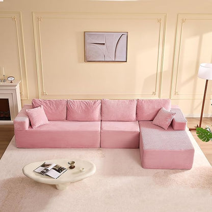 138" Boneless Couch with Deep Seat, Modular Sectional Sofa, Cloud Sectional Couch for Living Room, No Assembly Required, Corduroy, 4 Seater L-Shape Right, Pink