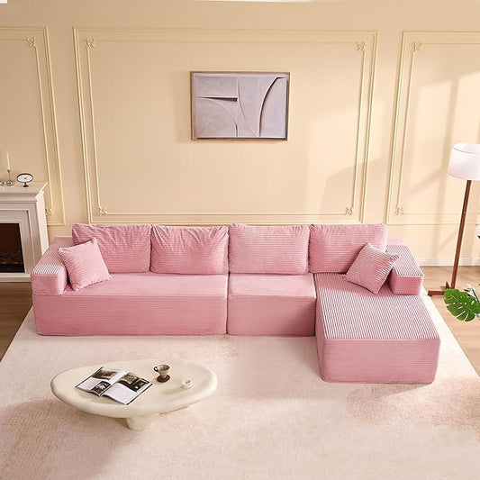 138" Boneless Couch with Deep Seat, Modular Sectional Sofa, Cloud Sectional Couch for Living Room, No Assembly Required, Corduroy, 4 Seater L-Shape Right, Pink