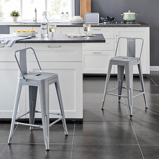 AC Pacific 24” Metal Barstool Set of 2 – Country Rustic Style with Low Back, Lightweight & Sturdy Build, Easy Assembly – Matte Silver