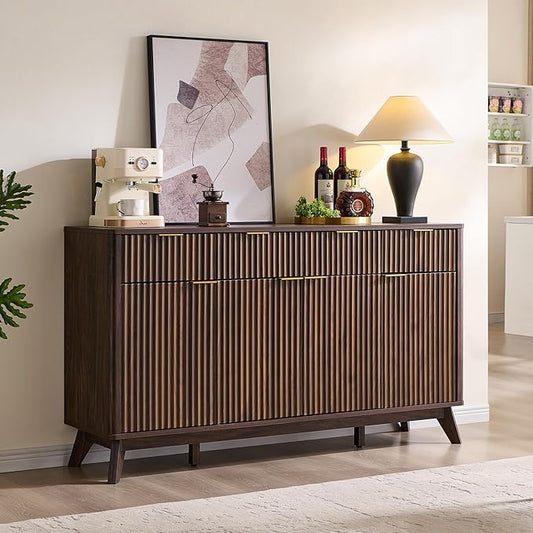 OKD Fluted Storage Cabinet with Drawers, 60" Morden Buffet Sideboard Coffee Bar Cabinet with 4 Doors and 3 Drawers for Dining Room, Living Room,Hallway (Dark Walnut)