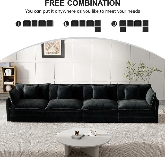 Modular Sectional Sofa, 146.5 Inch I-Shaped Cloud Sofa with Deep Seat Chenille Sofa with Cushions, Four Seater Sectional Sofa for Living Room Apartment,Black