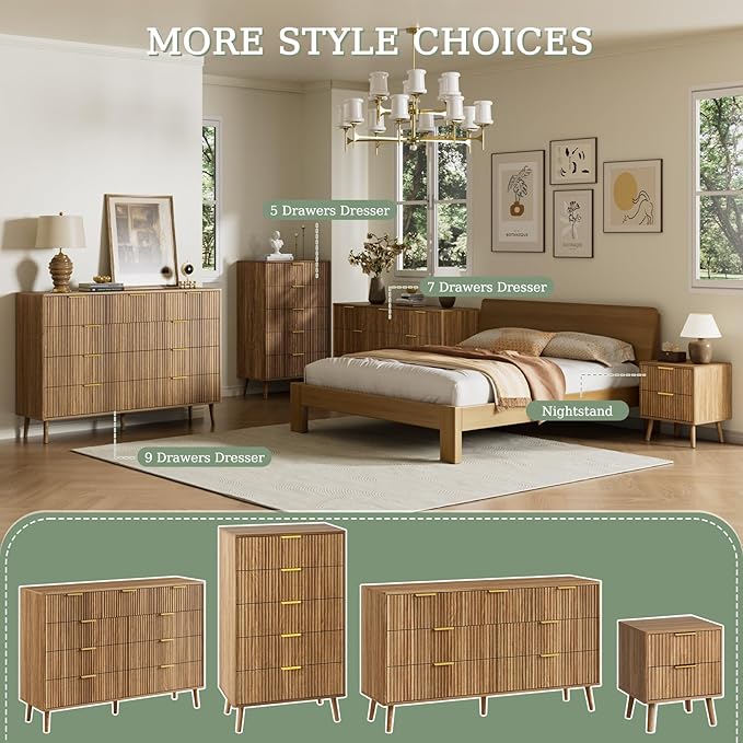 LYNSOM Fluted Dresser and Nightstand Sets 3 Piece, 7-Drawers Dresser and 1-Drawer Nightstands Set of 2, Wood Bedroom Furniture Set for Home, Bedroom, Hallway, Natural Oak